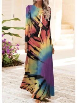 Women's Casual Dress Swing Dress A Line Dress Tie Dye Print Crew Neck Long Dress Maxi Dress Fashion Streetwear Outdoor Daily Long Sleeve Regular Fit Blue Fall Winter S M L XL XXL