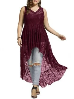 Women‘s Plus Size Curve Casual Dress Lace Dress A Line Dress Solid Color Mini Dress Sleeveless Lace Plus High Low V Neck Fashion Outdoor Black White Summer Spring XL XXL 3XL 4XL 5XL -Casual Print Dress Sales laifoh1678702072298