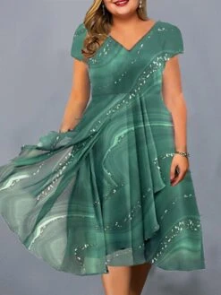 Women‘s Plus Size Curve Casual Dress Color Gradient V Neck Short Sleeve Spring Fall Casual Midi Dress Daily Vacation Dress -Casual Print Dress Sales lakeap1671190171661