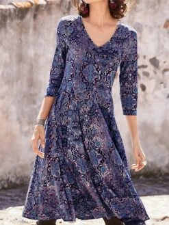 Women's Casual Dress Paisley Dress Ethnic Dress Floral Paisley Print V Neck Midi Dress Vintage Ethnic Outdoor Daily 3/4 Length Sleeve Regular Fit Dark Green Purple Orange Spring Fall S M L XL XXL -Casual Print Dress Sales lakncw1692762331752