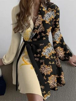 Women's Casual Dress Wrap Dress A Line Dress Floral Color Block Lace Up Print V Neck Mini Dress Fashion Streetwear Outdoor Street Long Sleeve Regular Fit Black White Navy Blue Summer Spring S M L XL -Casual Print Dress Sales lamift1688114511776