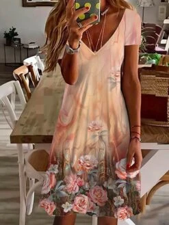 Women's Casual Dress Summer Dress Print Dress Floral Ombre Print V Neck Mini Dress Active Fashion Outdoor Daily Short Sleeve Regular Fit White Pink Blue Summer Spring S M L XL XXL -Casual Print Dress Sales lbwlom1684141773876