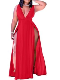 Women‘s Plus Size Curve Holiday Dress Solid Color V Neck Ruched Sleeveless Spring Summer Prom Dress Maxi Long Dress Daily Holiday Dress Split -Casual Print Dress Sales lbwzes1641980953318