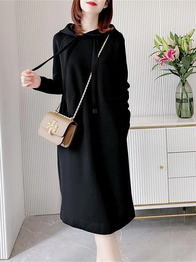 Women's Plus Size Curve Casual Dress Hoodie Dress Winter Dress Plain Midi Dress Long Sleeve Ruched Hooded Fashion Outdoor Black Red Fall Winter L XL XXL 3XL 4XL 16 Women's Plus Size Curve Casual Dress Hoodie Dress Winter Dress Plain Midi Dress Long Sleeve Ruched Hooded Fashion Outdoor Black Red Fall Winter L XL XXL 3XL 4XL - Image 16