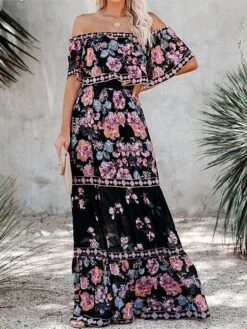 Women's Boho Dress Beach Dress Beach Wear Long Dress Maxi Dress Ruffle Print Boho Casual Floral Off Shoulder Short Sleeve Loose Fit Outdoor Daily Black White 2023 Spring Summer S M L XL -Casual Print Dress Sales lcydtd1675160143901