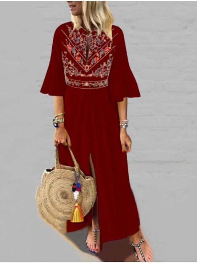 Women's Casual Dress Swing Dress White Dress Long Dress Maxi Dress Black Blue Wine Half Sleeve Floral Ruffle Fall Spring Autumn V Neck Loose Fit S M L XL XXL 2 Women's Casual Dress Swing Dress White Dress Long Dress Maxi Dress Black Blue Wine Half Sleeve Floral Ruffle Fall Spring Autumn V Neck Loose Fit S M L XL XXL - Image 2