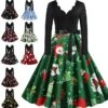 Women's Christmas Retro 1950s Vintage Dress Midi Dress Party Ruched Bow Fruit V Neck Long Sleeve Regular Fit Fall Winter 2023 Deep Green Black S M L XL