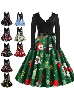 Women's Christmas Retro 1950s Vintage Dress Midi Dress Party Ruched Bow Fruit V Neck Long Sleeve Regular Fit Fall Winter 2023 Deep Green Black S M L XL
