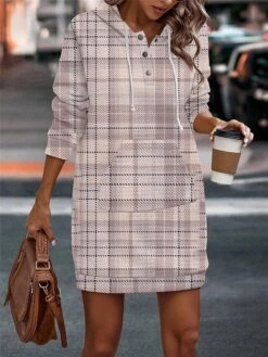 Women's Casual Dress Hoodie Dress Mini Dress Warm Fashion Outdoor Vacation Going Out Hoodie Pocket Print Geometric Regular Fit Pink Rose Red Gray S M L XL XXL -Casual Print Dress Sales leoktq1695027791528