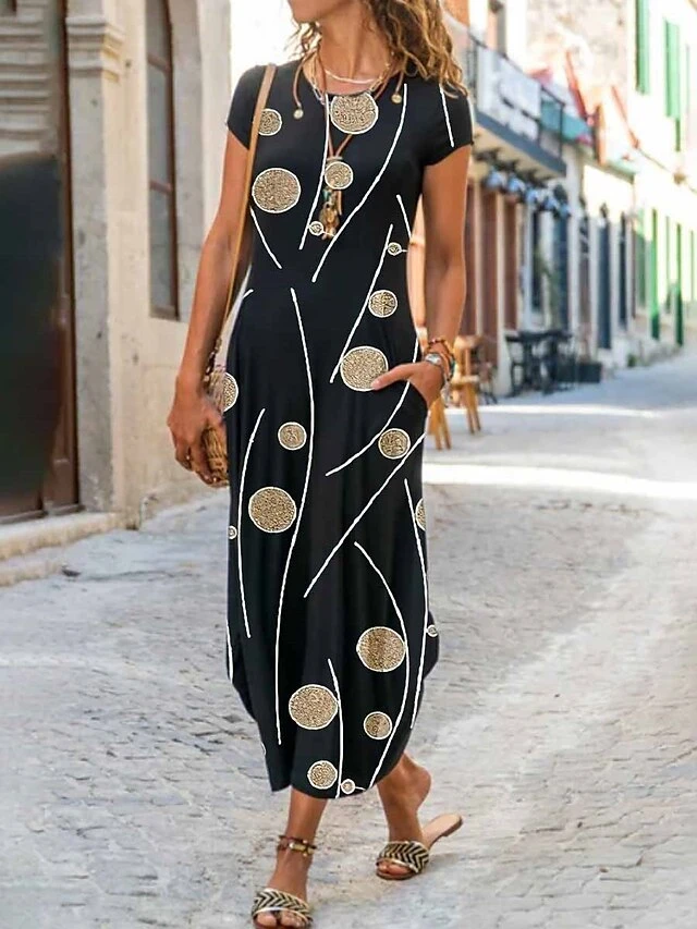 Women's Long Dress Maxi Dress Casual Dress Shift Dress Summer Dress Floral Geometric Feather Fashion Streetwear Outdoor Daily Going Out Pocket Split Short Sleeve Crew Neck Dress Regular Fit Black 4 Women's Long Dress Maxi Dress Casual Dress Shift Dress Summer Dress Floral Geometric Feather Fashion Streetwear Outdoor Daily Going Out Pocket Split Short Sleeve Crew Neck Dress Regular Fit Black - Image 4