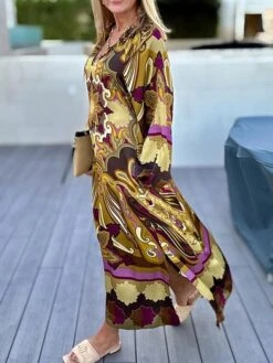 Women's Casual Dress Winter Dress Swing Dress Floral Lace Up Split V Neck Long Dress Maxi Dress Fashion Modern Outdoor Daily Long Sleeve Regular Fit Yellow Green Fall Winter S M L XL 2XL