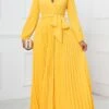 Women's Swing Dress Plain Dress Long Dress Maxi Dress Lace Up Pleated Party Wedding Guest Holiday Fashion Elegant V Neck Long Sleeve 2023 Regular Fit Black Yellow Red Color S M L XL XXL Size