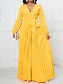Women's Swing Dress Plain Dress Long Dress Maxi Dress Lace Up Pleated Party Wedding Guest Holiday Fashion Elegant V Neck Long Sleeve 2023 Regular Fit Black Yellow Red Color S M L XL XXL Size