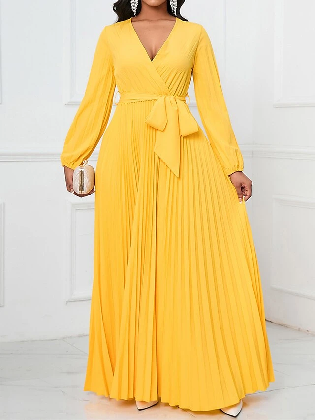 Women's Swing Dress Plain Dress Long Dress Maxi Dress Lace Up Pleated Party Wedding Guest Holiday Fashion Elegant V Neck Long Sleeve 2023 Regular Fit Black Yellow Red Color S M L XL XXL Size 1 Women's Swing Dress Plain Dress Long Dress Maxi Dress Lace Up Pleated Party Wedding Guest Holiday Fashion Elegant V Neck Long Sleeve 2023 Regular Fit Black Yellow Red Color S M L XL XXL Size