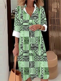 Women's Shirt Dress Casual Dress Midi Dress Outdoor Daily Date Polyester Fashion Modern Shirt Collar Button Pocket Long Sleeve Fall Winter 2023 Loose Fit Royal Blue Blue Green Geometric Plaid Tribal -Casual Print Dress Sales lgbepf1695103246210