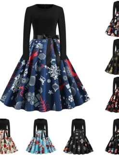 Women's Christmas Swing DressKnee Length Dress Black And White White Light Red Gold Red Long Sleeve Elk Snowman Bell Bow Print Fall Winter Round Neck Vintage Elegant 2022 S M L XL 2XL
