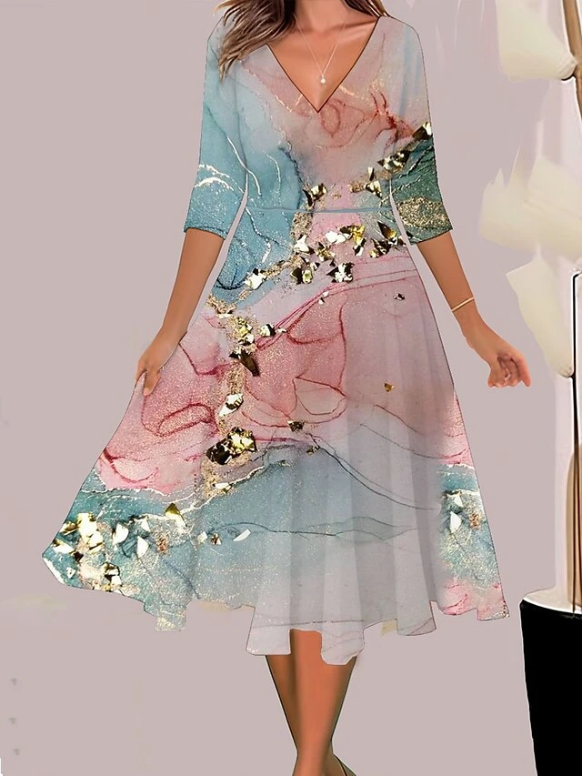 Women's Casual Dress Swing Dress A Line Dress Ombre Marble Print Print V Neck Midi Dress Fashion Streetwear Outdoor Daily 3/4 Length Sleeve Regular Fit Magenta Pink Blue Summer Spring S M L XL XXL 2 Women's Casual Dress Swing Dress A Line Dress Ombre Marble Print Print V Neck Midi Dress Fashion Streetwear Outdoor Daily 3/4 Length Sleeve Regular Fit Magenta Pink Blue Summer Spring S M L XL XXL - Image 2