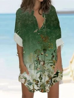 Women's Shirt Dress Casual Dress Shift Dress Mini Dress Outdoor Daily Vacation Polyester Fashion Casual Stand Collar Button Pocket Long Sleeve Summer Spring Fall 2023 Regular Fit ArmyGreen Green -Casual Print Dress Sales lgylqe1677234705472