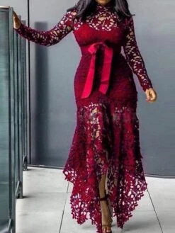 Women‘s Plus Size Curve Party Dress Solid Color Turtleneck Lace Long Sleeve Fall Spring Elegant Prom Dress Maxi Long Dress Formal Party Dress -Casual Print Dress Sales lgylvx1654584102915