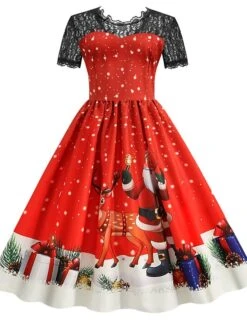 Women's Christmas Knee Length Dress Blue Purple Wine Green Black Red Short Sleeve Print Lace Print Fall Winter Round Neck CasualRegular Fit 2021 S M L XL XXL 3XL -Casual Print Dress Sales lhrgsz1632737572037