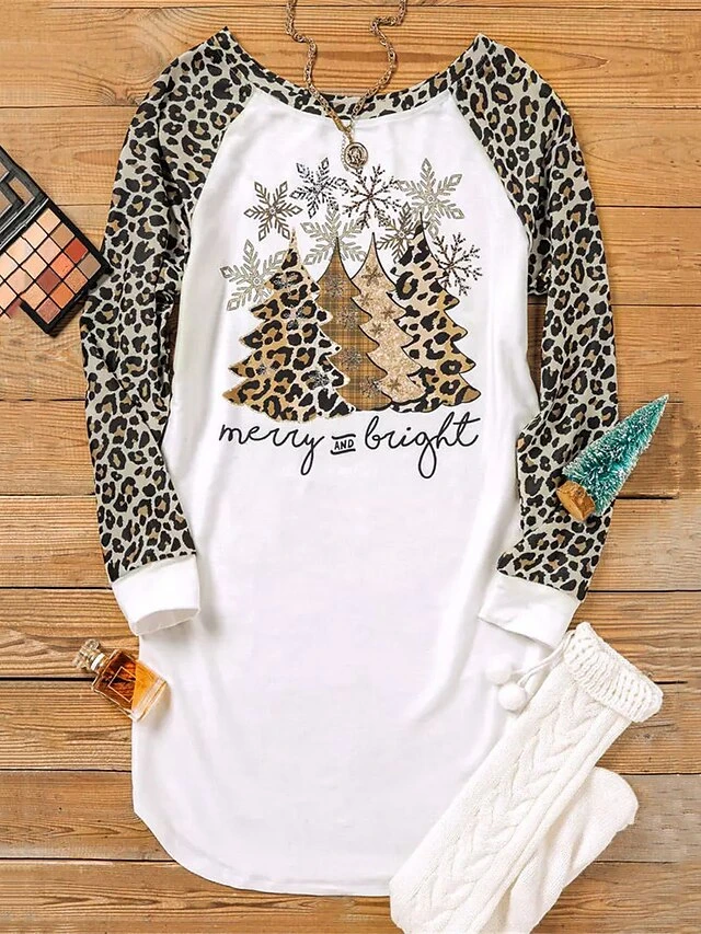 Women's Casual Dress Sweatshirt Dress Mini Dress Warm Fashion Outdoor Christmas Holiday Crew Neck Print Leopard Christmas Tree Loose Fit White S M L XL XXL 3 Women's Casual Dress Sweatshirt Dress Mini Dress Warm Fashion Outdoor Christmas Holiday Crew Neck Print Leopard Christmas Tree Loose Fit White S M L XL XXL - Image 3