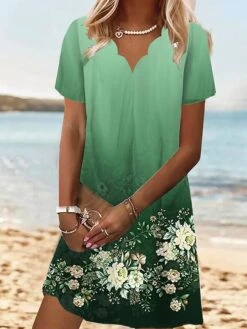 Women's Casual Dress Summer Dress Print Dress Floral Ombre Print Scalloped Neck Mini Dress Active Fashion Outdoor Daily Short Sleeve Regular Fit Black Blue Green Summer Spring S M L XL XXL