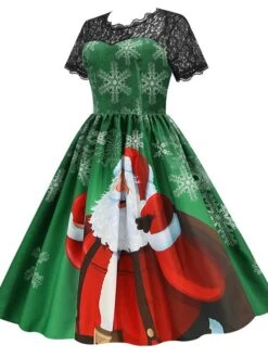 Women's Christmas Knee Length Dress Blue Purple Wine Green Black Red Short Sleeve Print Lace Print Fall Winter Round Neck CasualRegular Fit 2021 S M L XL XXL 3XL -Casual Print Dress Sales livlyb1632737569137