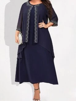 Women's Plus Size Curve Party Dress Two Piece Dress Chiffon Dress Plain Long Dress Maxi Dress 3/4 Length Sleeve Crew Neck Fashion Party Dark Blue Fall Winter L XL XXL 3XL 4XL -Casual Print Dress Sales ljemdb1696760827388