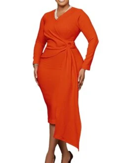 Women‘s Plus Size Curve Work Dress Solid Color V Neck Long Sleeve Fall Winter Elegant Formal Knee Length Dress Formal Date Dress -Casual Print Dress Sales ljrwlh1663308379484
