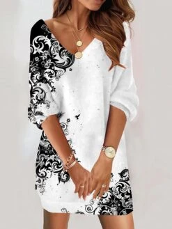 Women's Sweatshirt Dress Winter Dress Shift Dress Mini Dress White 3/4 Length Sleeve Floral Print Fall Winter Autumn V Neck Vacation Loose Fit 2023 S M L XL XXL 3XL 4XL 5XL