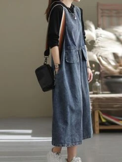 Women's Denim Dress Swing Dress Denim Overall Pinafore Dress Maxi Long Dress Cotton Denim Casual Daily Holiday Vacation Crew Neck Pocket Sleeveless Summer Spring 2023 Loose Fit Black Blue Pure Color -Casual Print Dress Sales lkaxvf1653381098482