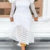 Women's White Dress Long Dress Maxi Dress White Long Sleeve Striped Print Winter Fall Autumn Turtleneck Winter Dress Fall Dress S M L XL XXL 3XL