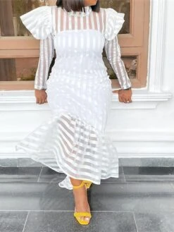 Women's White Dress Long Dress Maxi Dress White Long Sleeve Striped Print Winter Fall Autumn Turtleneck Winter Dress Fall Dress S M L XL XXL 3XL