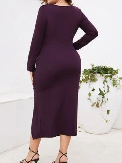Women‘s Plus Size Curve Work Dress Sheath Dress Semi Formal Dress Fashion Midi Dress Ruched Split V Neck Long Sleeve Plain Regular Fit Black Wine Purple Fall Winter L XL XXL 3XL 4XL -Casual Print Dress Sales lkikuw1691401373331