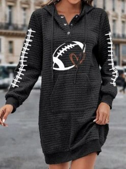 Women's Casual Dress Hoodie Dress Winter Dress Geometric Football Button Pocket Hooded Mini Dress Fashion Streetwear Outdoor Daily Long Sleeve Loose Fit Black Pink Red Fall Winter S M L XL XXL