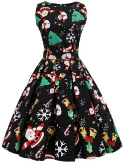 Women's Christmas Swing Dress Knee Length Dress Black SleevelessSnowman Candy Zipper Bow Print Fall Spring Round Neck VintageParty 2021 S M L XL XXL XXXL -Casual Print Dress Sales lkqley1628230559193 1