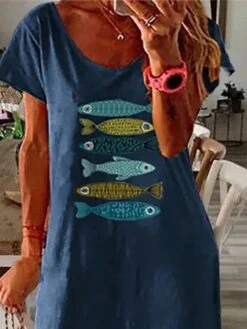 Women's Long Dress Maxi Dress Casual Dress Shift Dress Print Dress Animal Fish Fashion Streetwear Outdoor Daily Date Split Print Short Sleeve V Neck Dress Regular Fit Navy Blue Spring Summer S M L XL -Casual Print Dress Sales lktijv1677133519111