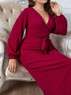 Women‘s Plus Size Curve Work Dress Sheath Dress Semi Formal Dress Fashion Midi Dress Lace Up Split V Neck Long Sleeve Plain Regular Fit Wine Spring Fall XL XXL 3XL 4XL -Casual Print Dress Sales llhmpm1692089857190