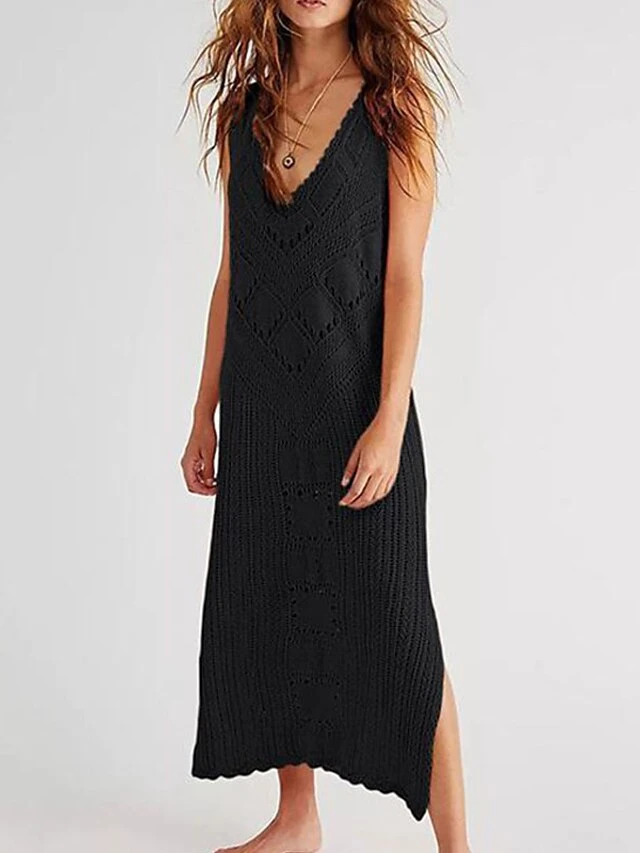 Women's Swimwear Cover Up Beach Dress Normal Swimsuit UV Protection Knit Hole Pure Color White Black Yellow Brown V Wire Bathing Suits New Stylish Vacation /y 3 Women's Swimwear Cover Up Beach Dress Normal Swimsuit UV Protection Knit Hole Pure Color White Black Yellow Brown V Wire Bathing Suits New Stylish Vacation /y - Image 3