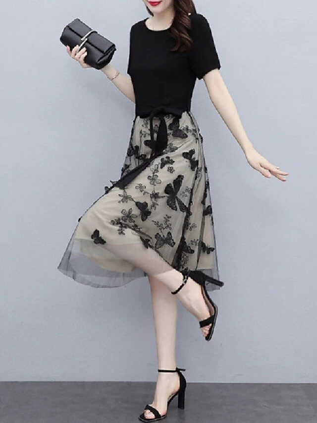 Women‘s Casual Dress Midi Dress Black Short Sleeve Butterfly Layered Spring Summer Crew Neck Active Party 2023 M L XL XXL XXXL 5 Women‘s Casual Dress Midi Dress Black Short Sleeve Butterfly Layered Spring Summer Crew Neck Active Party 2023 M L XL XXL XXXL - Image 5