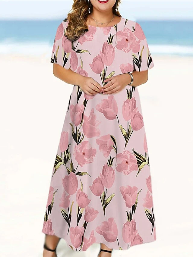 Women‘s Plus Size Curve Casual Dress Floral Long Dress Maxi Dress Short Sleeve Print Crew Neck Fashion Outdoor Pink Purple Summer Spring L XL XXL 3XL 4XL 1 Women‘s Plus Size Curve Casual Dress Floral Long Dress Maxi Dress Short Sleeve Print Crew Neck Fashion Outdoor Pink Purple Summer Spring L XL XXL 3XL 4XL