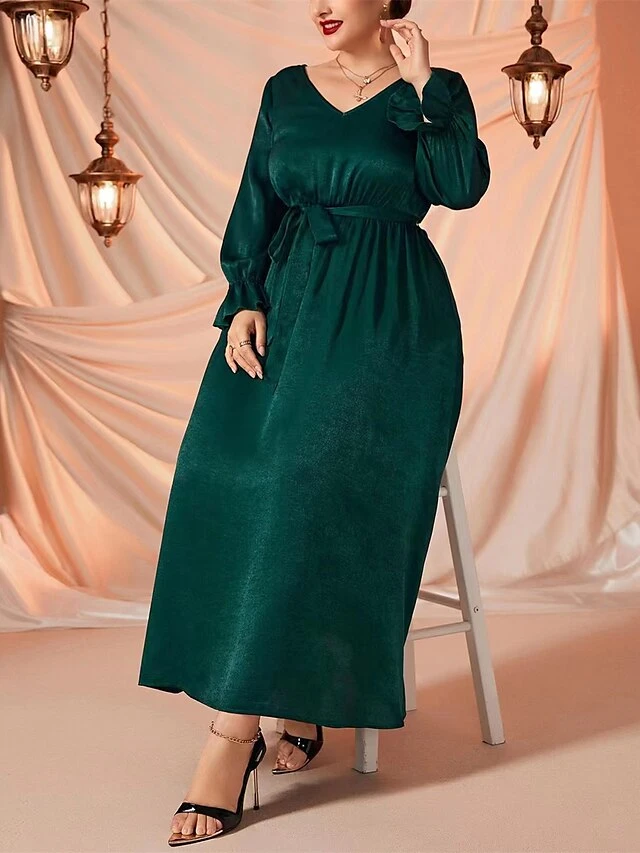 Women's Plus Size Curve Prom Dress Party Dress Wedding Guest Dress Long Dress Maxi Dress Green Long Sleeve Pure Color Lace Up Fall Winter Autumn V Neck Fashion Evening Party Wedding Guest 4 Women's Plus Size Curve Prom Dress Party Dress Wedding Guest Dress Long Dress Maxi Dress Green Long Sleeve Pure Color Lace Up Fall Winter Autumn V Neck Fashion Evening Party Wedding Guest - Image 4