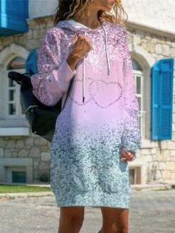 Women's Casual Dress Hoodie Dress Winter Dress Ombre Print Hooded Mini Dress Fashion Streetwear Outdoor Daily Long Sleeve Loose Fit Light Pink Pink Blue Fall Winter S M L XL XXL -Casual Print Dress Sales lmtlsp1692958541556