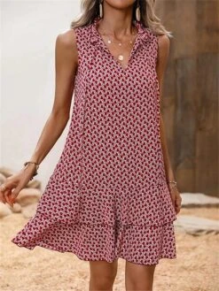 Women's Casual Dress Tank Dress Summer Dress Geometric Hollow Out Print Stand Collar Mini Dress Fashion Streetwear Outdoor Date Sleeveless Regular Fit Black Red Blue Summer Spring S M L XL XXL -Casual Print Dress Sales lnmaxp1686117823628