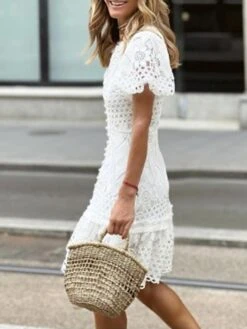 Women's Casual Dress Lace Dress White Dress Mini Dress Lace Up Street Holiday Vacation Fashion Streetwear V Neck Short Sleeve 2023 Slim White Color S M L XL XXL Size -Casual Print Dress Sales loahck1685436061881