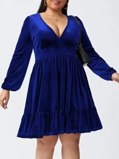 Women‘s Plus Size Curve Party Dress Velvet Dress Cocktail Dress Mini Dress Black Wine Royal Blue Long Sleeve Pure Color Ruched Spring Fall Winter V Neck Fashion Birthday Wedding Guest Vacation 2023 -Casual Print Dress Sales loilxt1692176738017