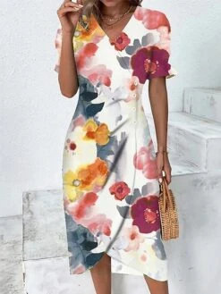 Women's Casual Dress Sheath Dress Wrap Dress Floral Asymmetrical Print V Neck Midi Dress Active Fashion Outdoor Street Short Sleeve Loose Fit Yellow Pink Red Summer Spring S M L XL XXL -Casual Print Dress Sales loptln1683865177501