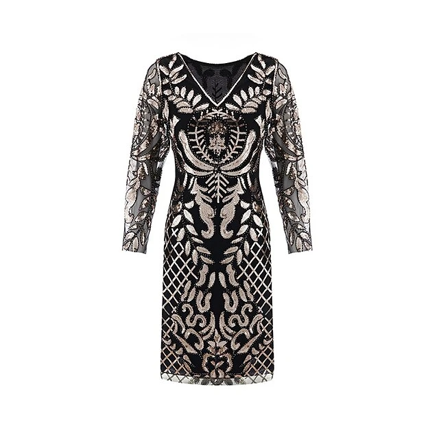 Women's Retro 1920s Sequin Dress Midi Dress Party Halloween Sequins Patchwork Leaf V Neck Long Sleeve Regular Fit Spring Fall 2023 Black Gold S M L XL 5 Women's Retro 1920s Sequin Dress Midi Dress Party Halloween Sequins Patchwork Leaf V Neck Long Sleeve Regular Fit Spring Fall 2023 Black Gold S M L XL - Image 5