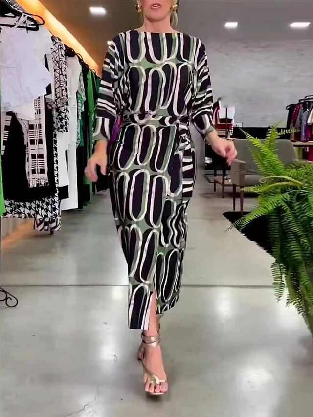 Women's Long Dress Maxi Dress Casual Dress Satin Dress Sheath Dress Geometric Fashion Casual Daily Vacation Going Out Print Long Sleeve Crew Neck Dress Loose Fit Black Summer Spring S M L XL XXL 2 Women's Long Dress Maxi Dress Casual Dress Satin Dress Sheath Dress Geometric Fashion Casual Daily Vacation Going Out Print Long Sleeve Crew Neck Dress Loose Fit Black Summer Spring S M L XL XXL - Image 2