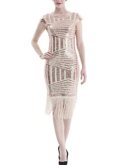 Women's Retro 1920s Fringe Dress Midi Dress Party Halloween Sequins Tassel Fringe Geometric V Neck Short Sleeve Regular Fit Spring Fall 2023 Silver Pink S M L XL -Casual Print Dress Sales lpxdwf1693212359230